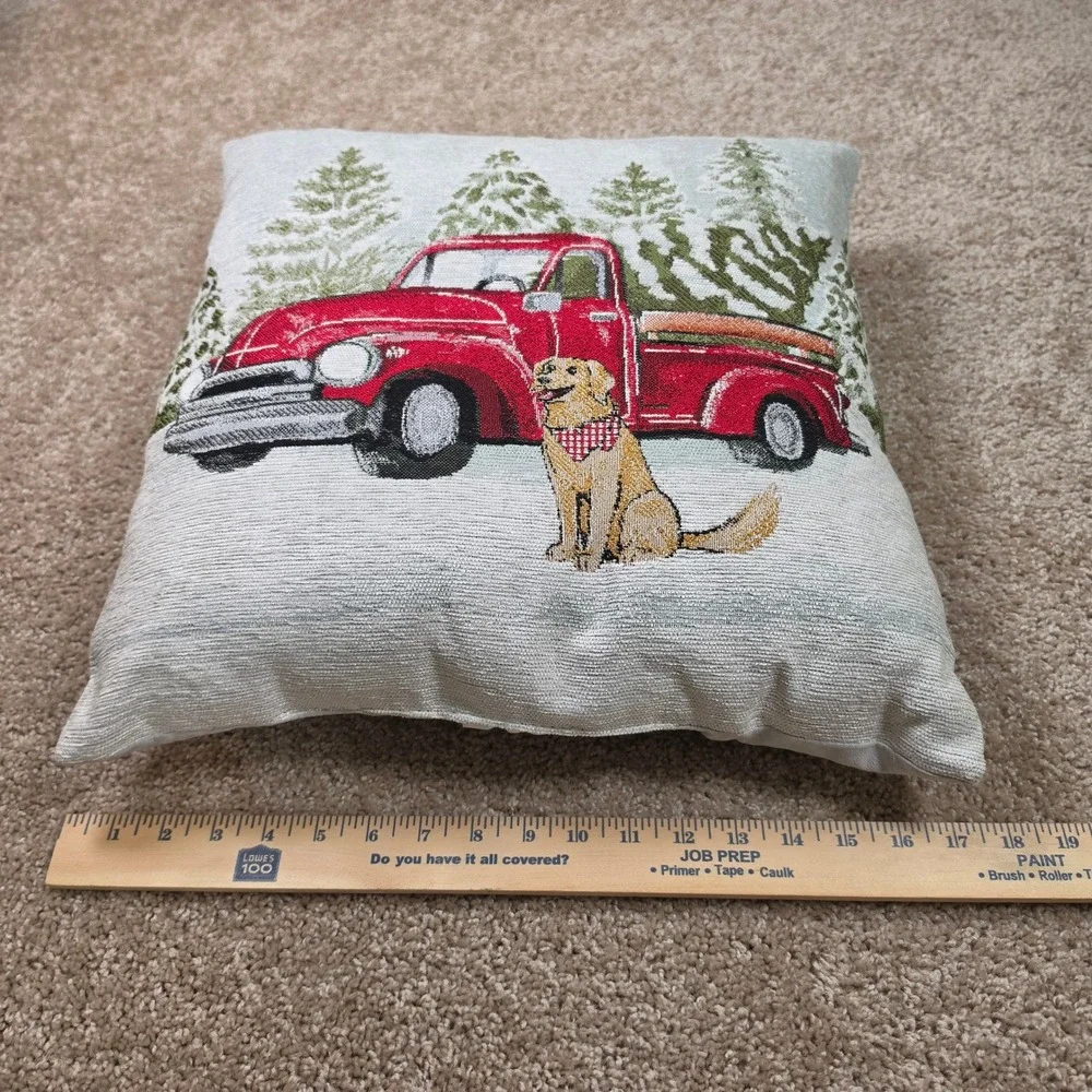 Christmas Throw Pillow Red Vintage Truck Dog Tree Tapestry Holiday 18x18